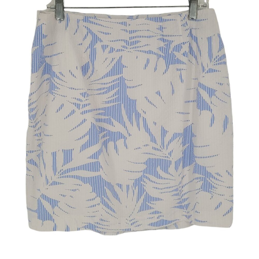 Talbots womens 10 blue white seersucker tropical palm tree hawaiian mini skirt